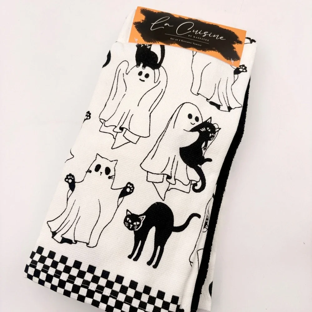 La Cuisine by Kassatex Halloween Ghost Black Cat Kitchen Towels Set of 4 Cotton‎
